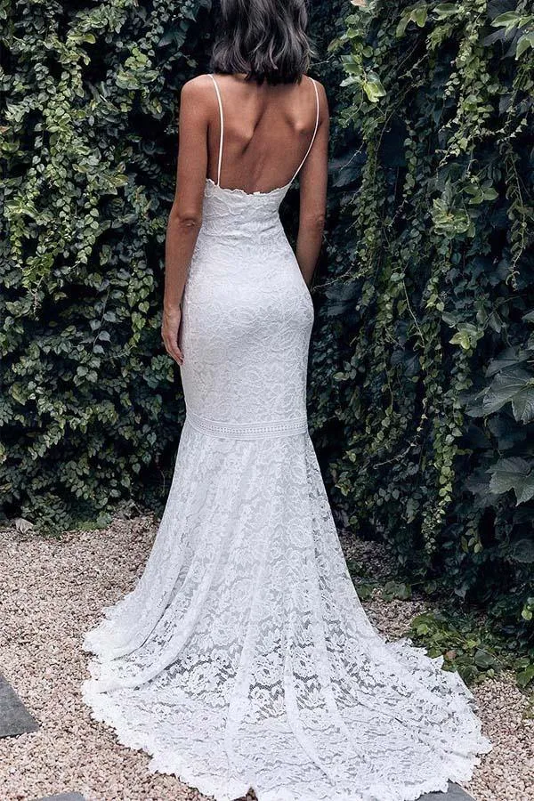 Roycebridal Lace Mermaid V-neck Spaghetti Straps Wedding Dress With Sweep Train, MW773