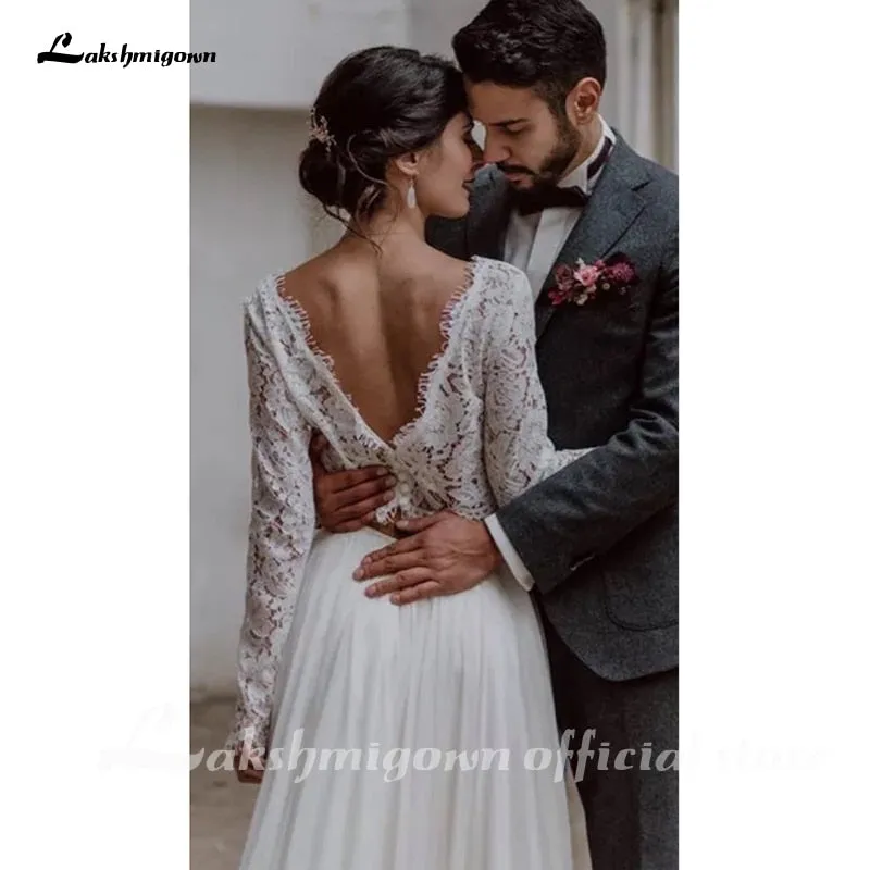 Roycebridal Lakshmigown Wedding Dress Boho Bohemian Long Sleeve Two Pieces 2 Bridal Gown Soft Lace And Chiffon For Women Elegant Beach