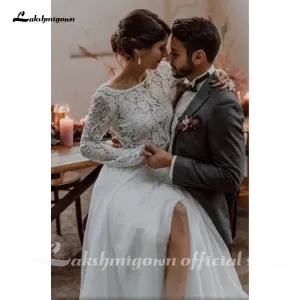 Roycebridal Lakshmigown Wedding Dress Boho Bohemian Long Sleeve Two Pieces 2 Bridal Gown Soft Lace And Chiffon For Women Elegant Beach