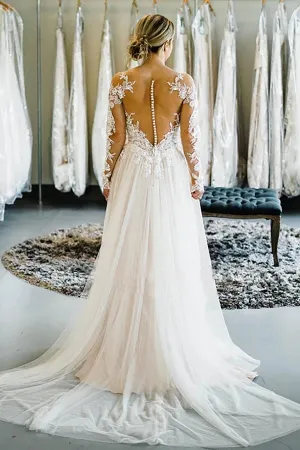 Roycebridal Off the Shoulder Long Sleeves Sweep Train Long Wedding Dress Bridal Gown,MW352