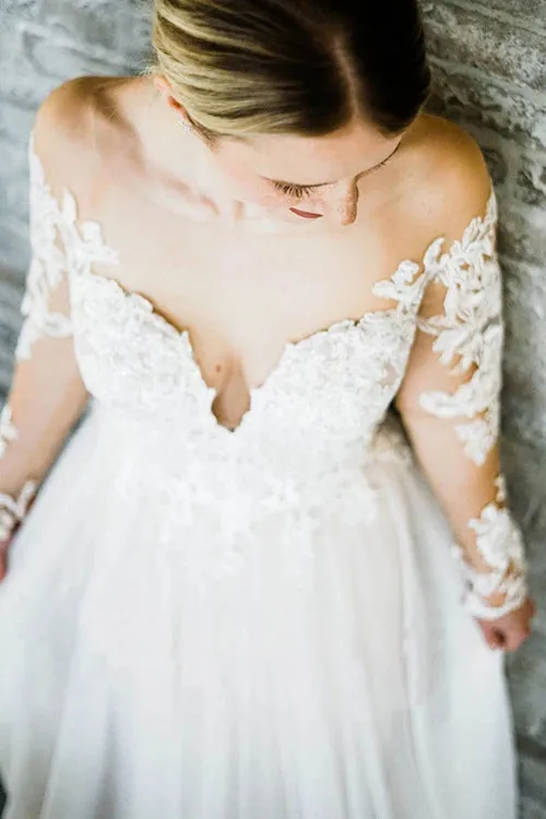Roycebridal Off the Shoulder Long Sleeves Sweep Train Long Wedding Dress Bridal Gown,MW352