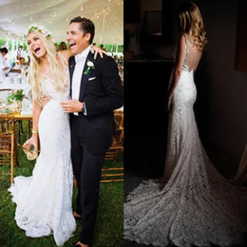 Roycebridal Simple Ivory Lace Country Wedding Dresses V-Neck Mermaid Wedding Dress,MW296