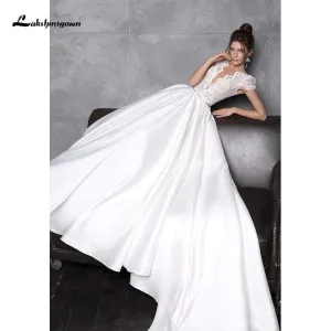 Roycebridal Simple Short Sleeve V Neck A-Line Wedding Dresses