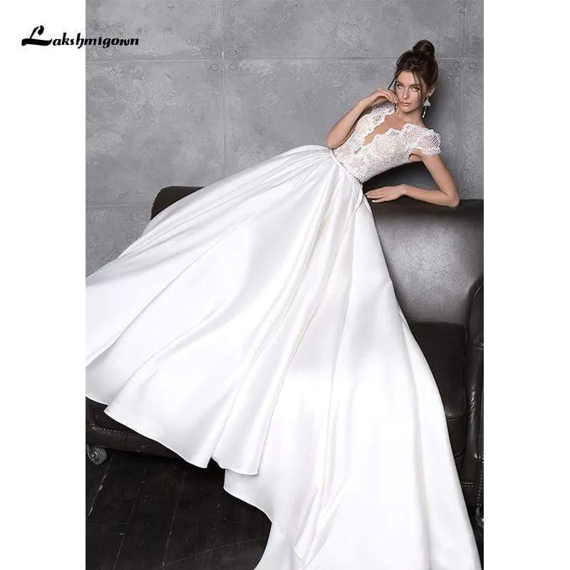 Roycebridal Simple Short Sleeve V Neck A-Line Wedding Dresses