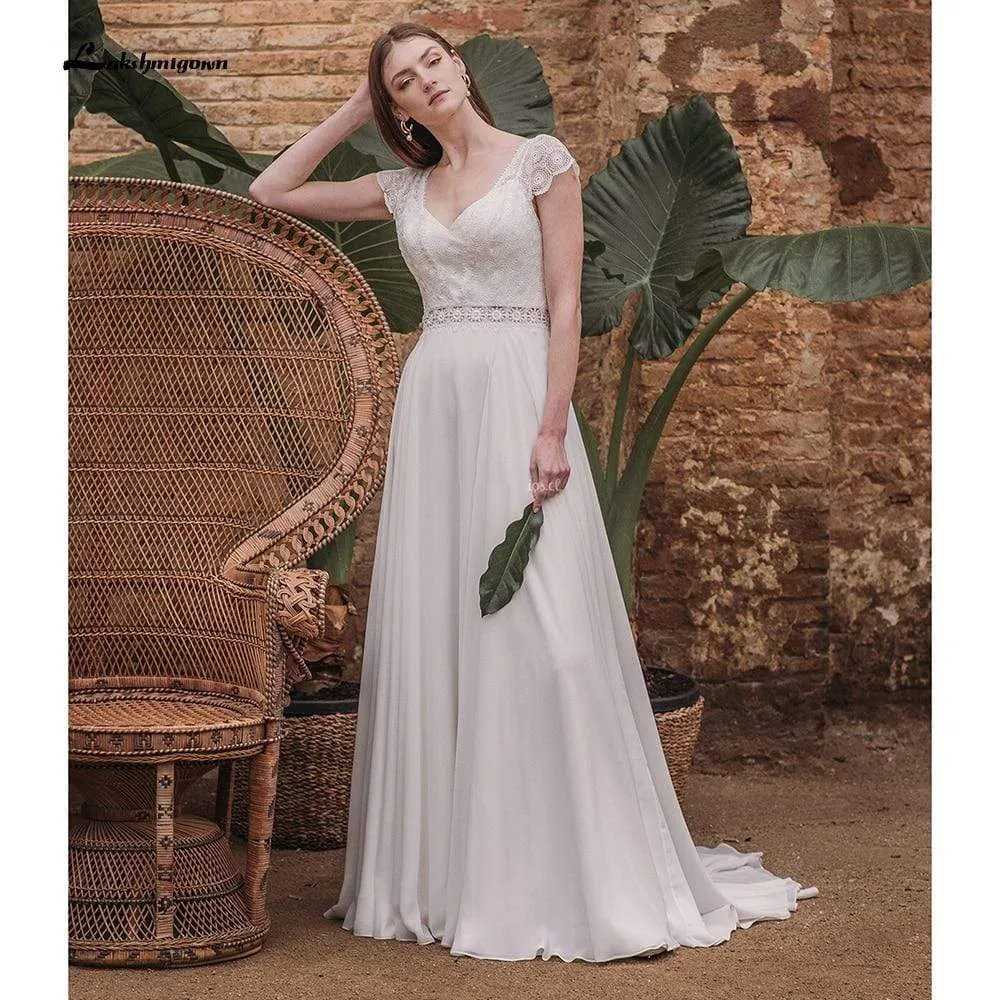 Roycebridal Simple Short Sleeve V Neck Lace Top Chifffon Backless Wedding Dresses