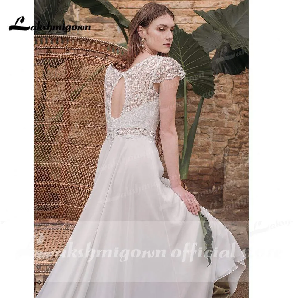 Roycebridal Simple Short Sleeve V Neck Lace Top Chifffon Backless Wedding Dresses