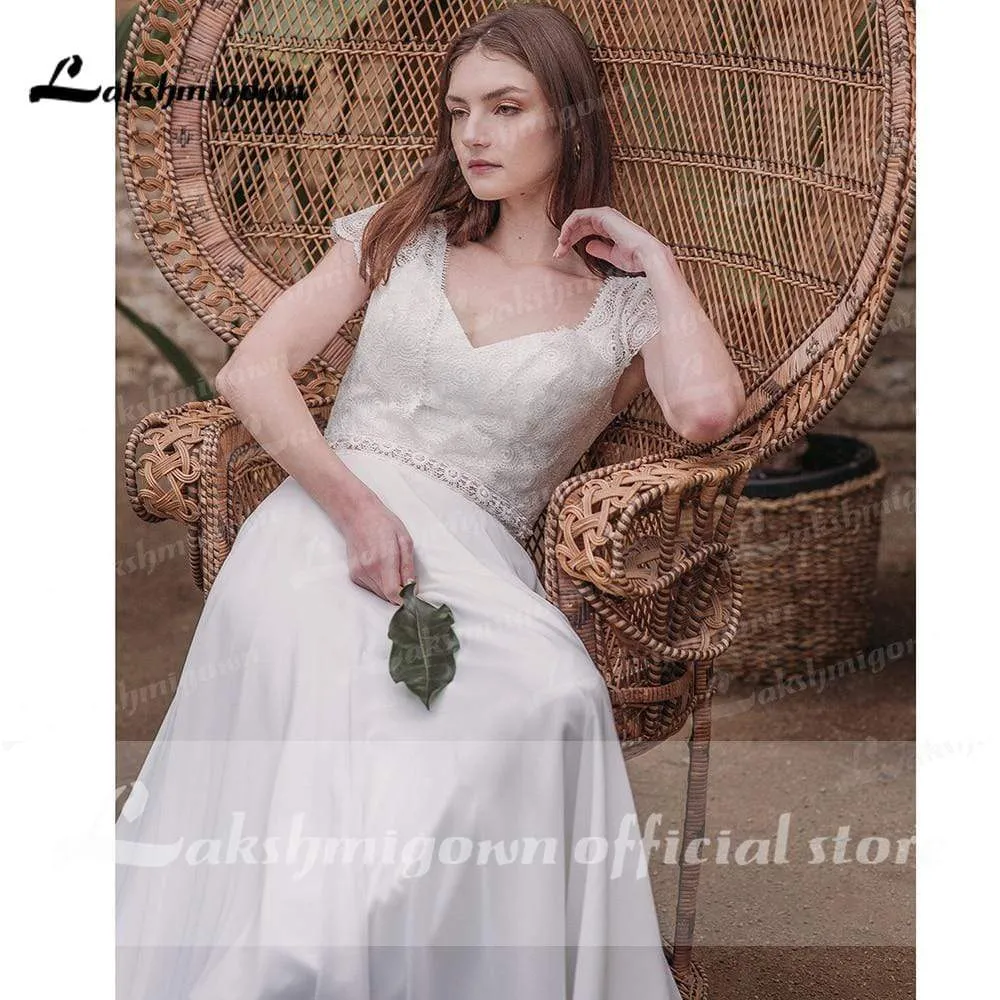 Roycebridal Simple Short Sleeve V Neck Lace Top Chifffon Backless Wedding Dresses