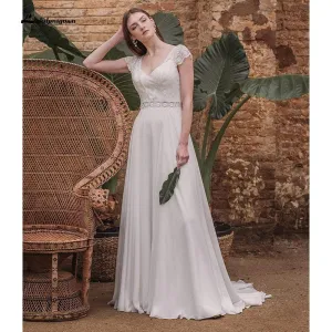 Roycebridal Simple Short Sleeve V Neck Lace Top Chifffon Backless Wedding Dresses