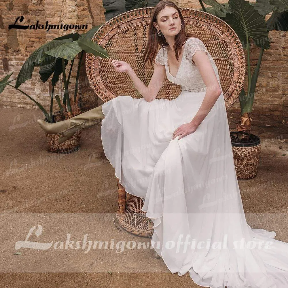 Roycebridal Simple Short Sleeve V Neck Lace Top Chifffon Backless Wedding Dresses