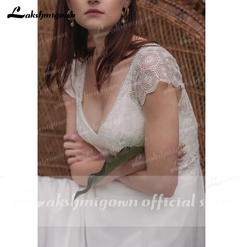 Roycebridal Simple Short Sleeve V Neck Lace Top Chifffon Backless Wedding Dresses