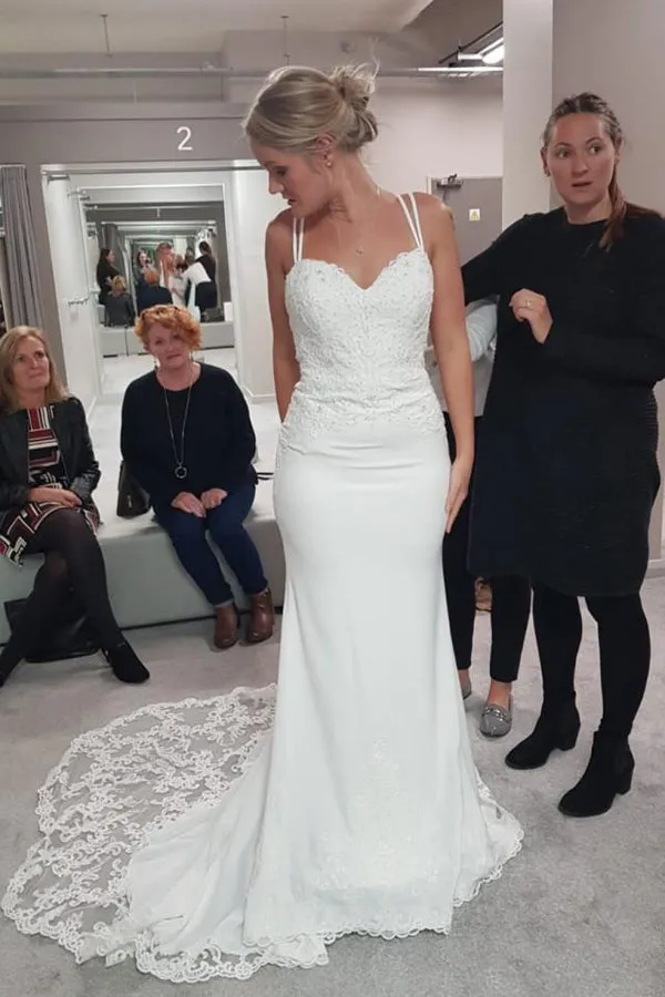Roycebridal Simple Spaghetti Straps Sweetheart Mermaid Lace Court Train Wedding Dress,MW445