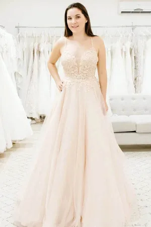 Roycebridal Simple Tulle Spaghetti Straps Illusion Plunging V-neck Wedding Dress,MW460