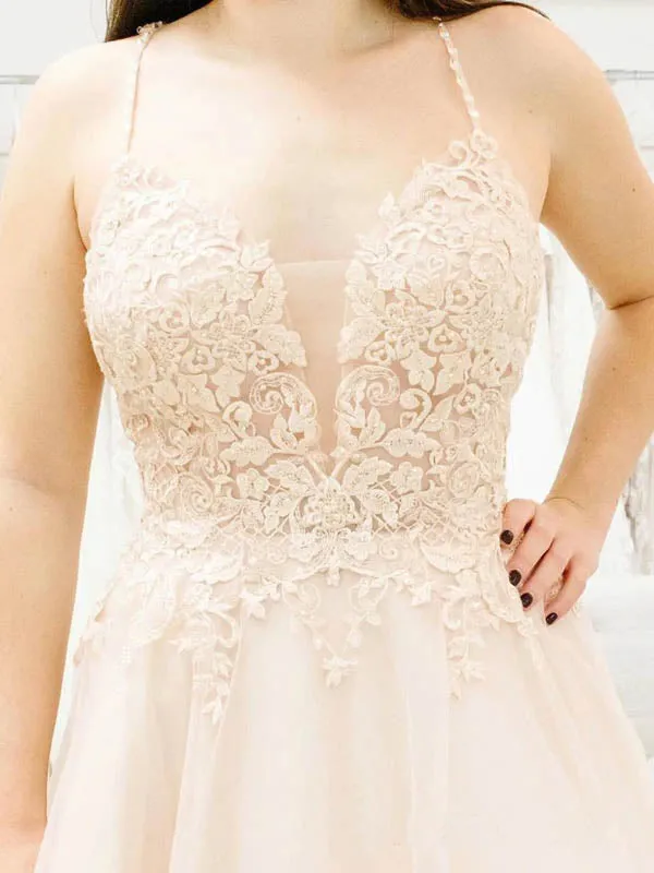 Roycebridal Simple Tulle Spaghetti Straps Illusion Plunging V-neck Wedding Dress,MW460