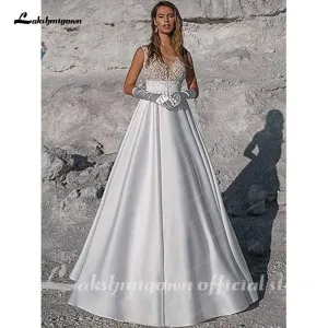 Roycebridal Simple White Satin Wedding Dress A Line Bride Gowns