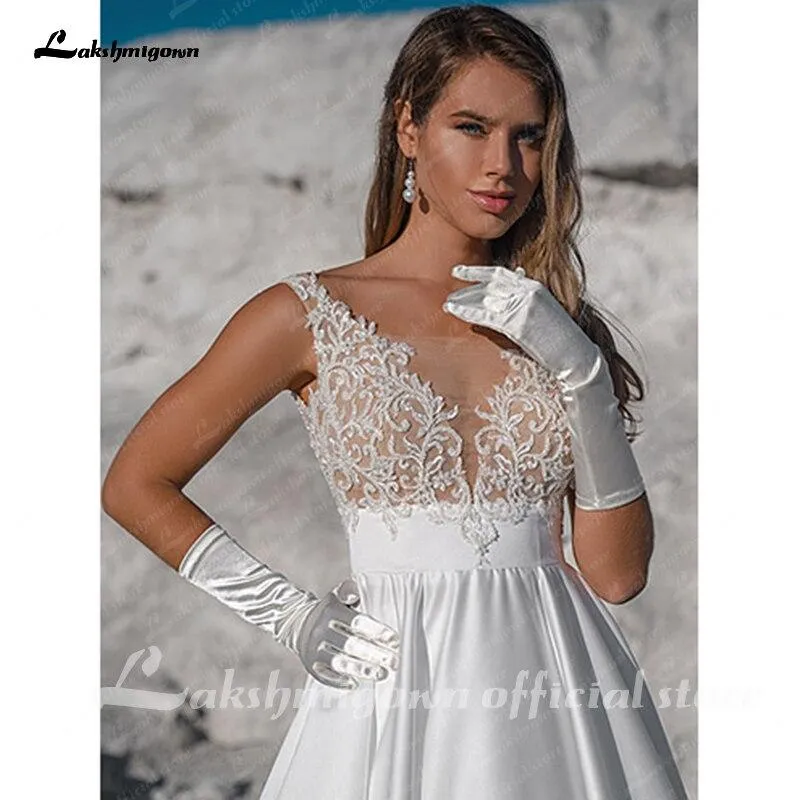 Roycebridal Simple White Satin Wedding Dress A Line Bride Gowns