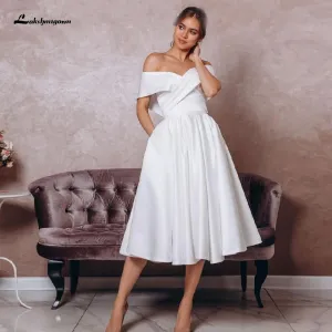 Roycebridal Simple White Satin Wedding Dress Tea Length