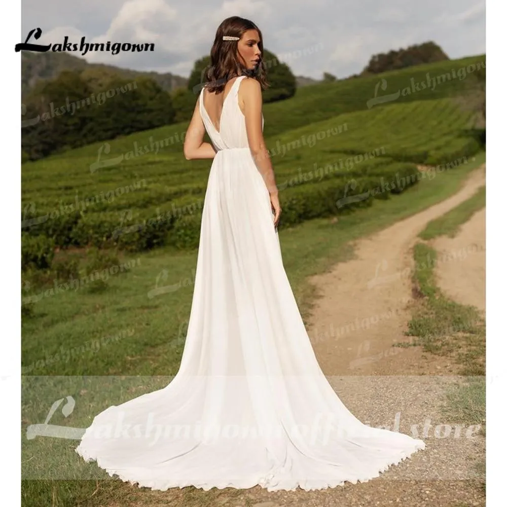 Roycebridal Sleeveless V Neck Chiffon High Split Pleats Wedding Dresses