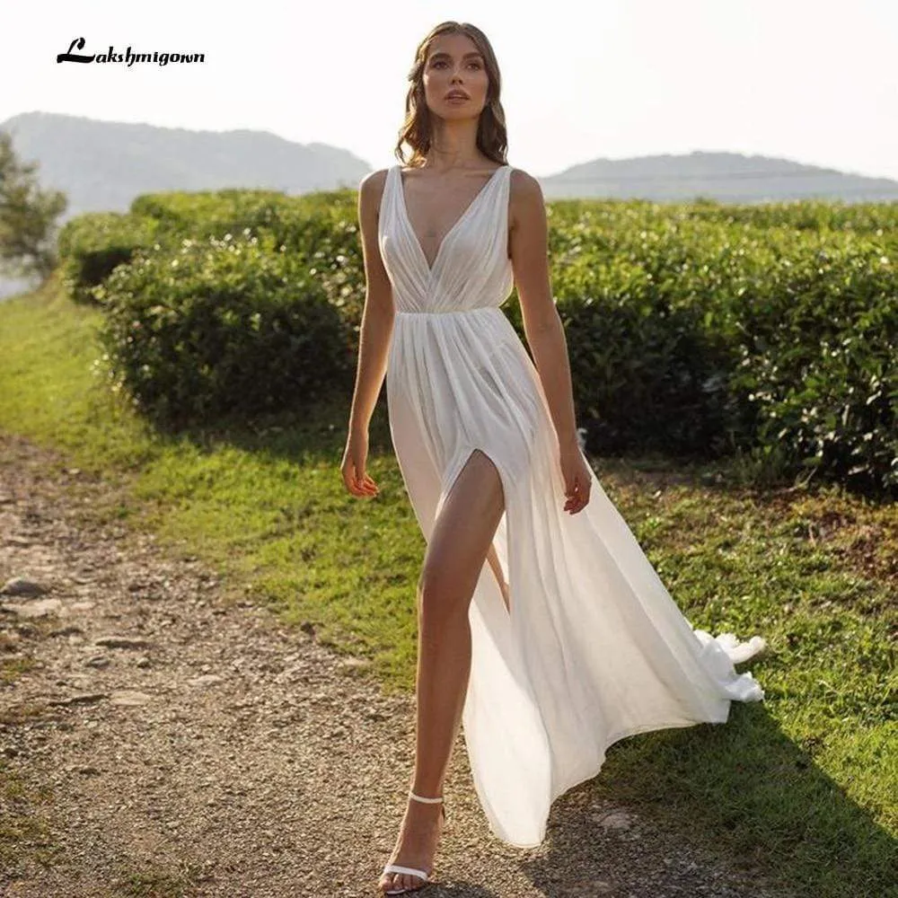 Roycebridal Sleeveless V Neck Chiffon High Split Pleats Wedding Dresses