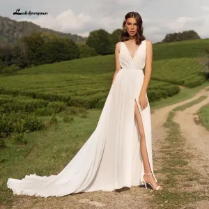 Roycebridal Sleeveless V Neck Chiffon High Split Pleats Wedding Dresses