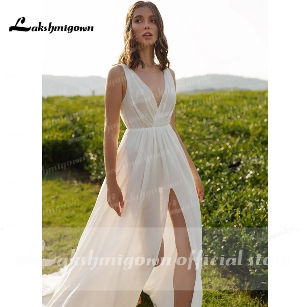 Roycebridal Sleeveless V Neck Chiffon High Split Pleats Wedding Dresses