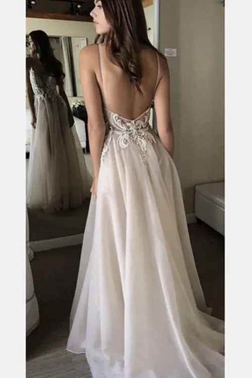 Roycebridal Spaghetti Straps Deep V-neck Lace Appliqued Beach Wedding Dress, MW306