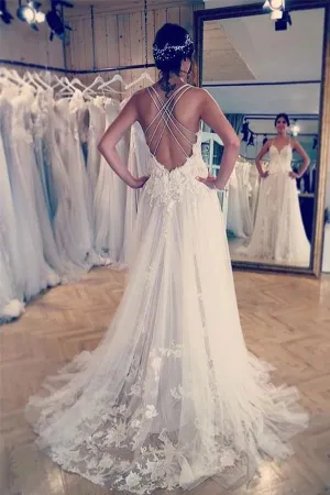 Roycebridal Spaghetti Straps Ivory Wedding Dresses Appliques Cross Back Wedding Gowns,MW327