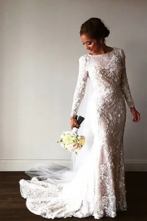 Roycebridal Sparkly Romantic Lace Mermaid Bateau Long Sleeves Wedding Dresses, MW544