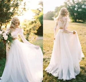 Roycebridal Spring Summer Beach Wedding Dresses Two Pieces Chiffon Bohemian Lace Top Long Sleeve Bridal mariage de novia mariage bride