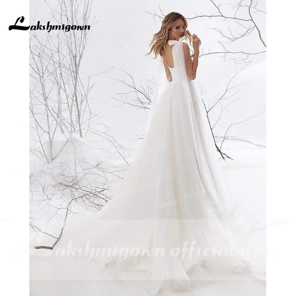 Roycebridal Sweetheart Tulle Bow Spaghetti Straps Wedding Dresses