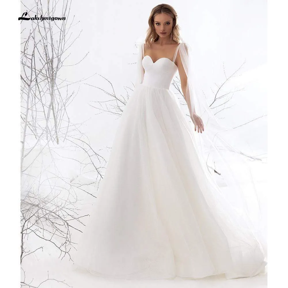 Roycebridal Sweetheart Tulle Bow Spaghetti Straps Wedding Dresses