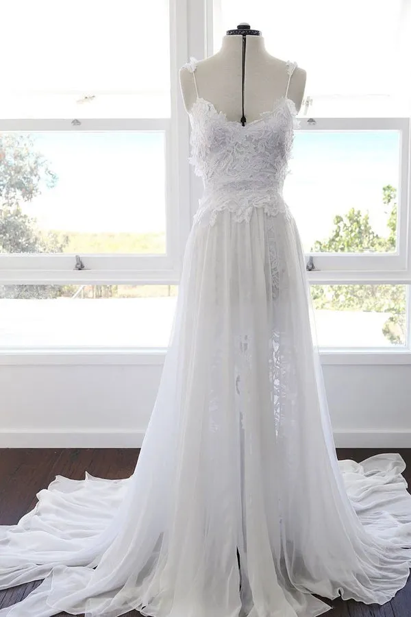 Roycebridal Sweetheart White Chiffon Spaghetti Strap Lace Beach Wedding Dresses,MW498