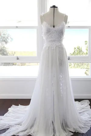 Roycebridal Sweetheart White Chiffon Spaghetti Strap Lace Beach Wedding Dresses,MW498