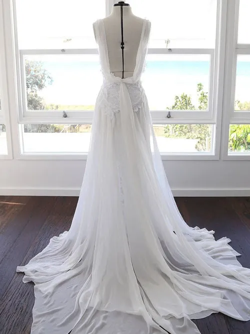 Roycebridal Sweetheart White Chiffon Spaghetti Strap Lace Beach Wedding Dresses,MW498