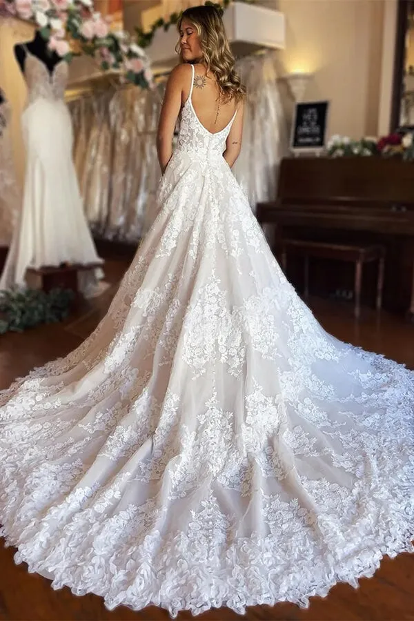 Roycebridal Tulle A-line Spaghetti Straps Sweetheart Wedding Dresses With High Slit, MW864