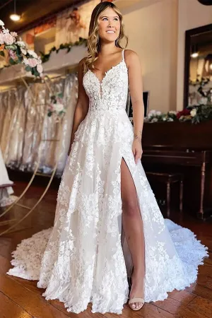 Roycebridal Tulle A-line Spaghetti Straps Sweetheart Wedding Dresses With High Slit, MW864