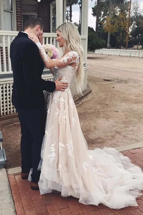 Roycebridal Tulle A-line V-neck Long Sleeve Lace Wedding Dresses with Train Prom Dress,MW483