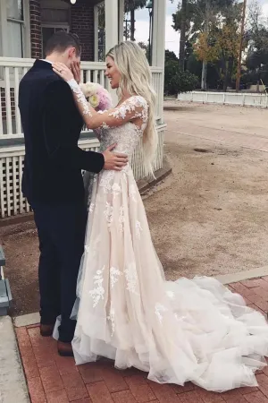 Roycebridal Tulle A-line V-neck Long Sleeve Lace Wedding Dresses with Train Prom Dress,MW483