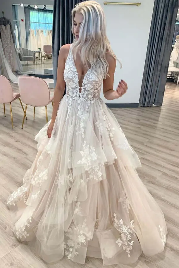Roycebridal Tulle A-line V-neckline Lace Appliques Floor Length Wedding Dresses, MW832