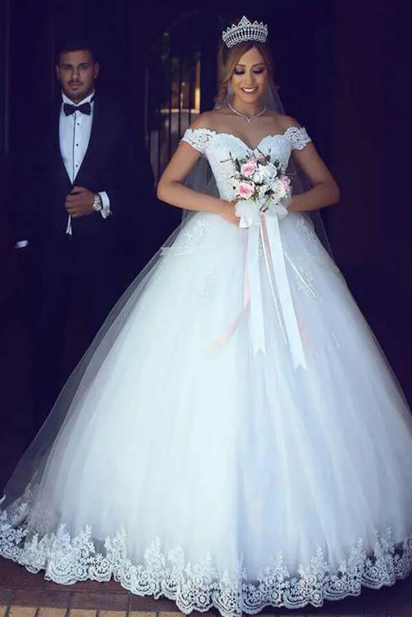 Roycebridal Tulle Ball Gown Off Shoulder Appliqued Wedding Dresses With Sweep Train, MW566