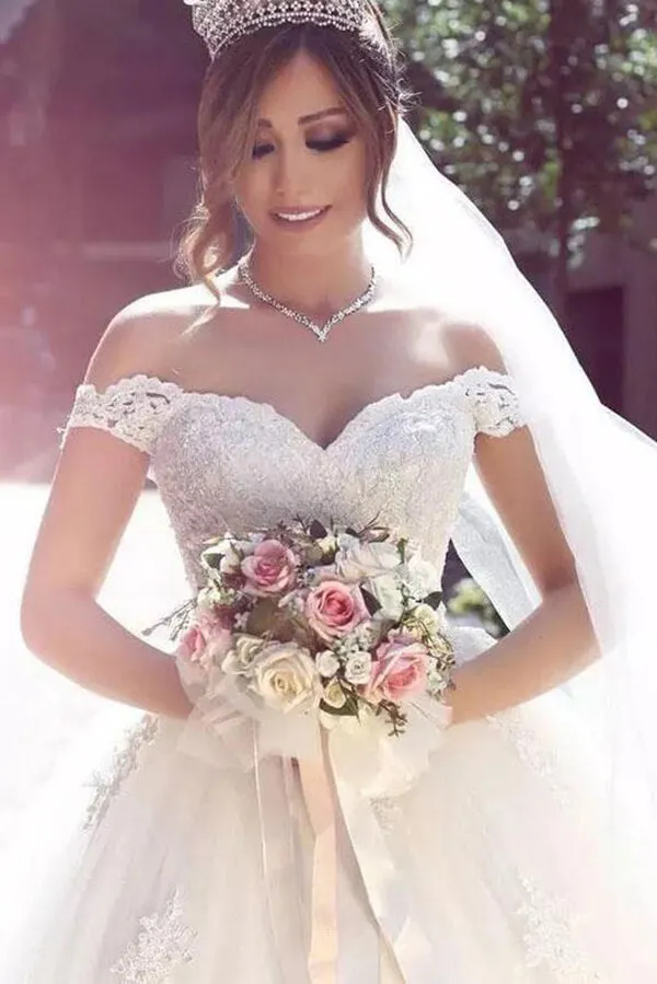 Roycebridal Tulle Ball Gown Off Shoulder Appliqued Wedding Dresses With Sweep Train, MW566