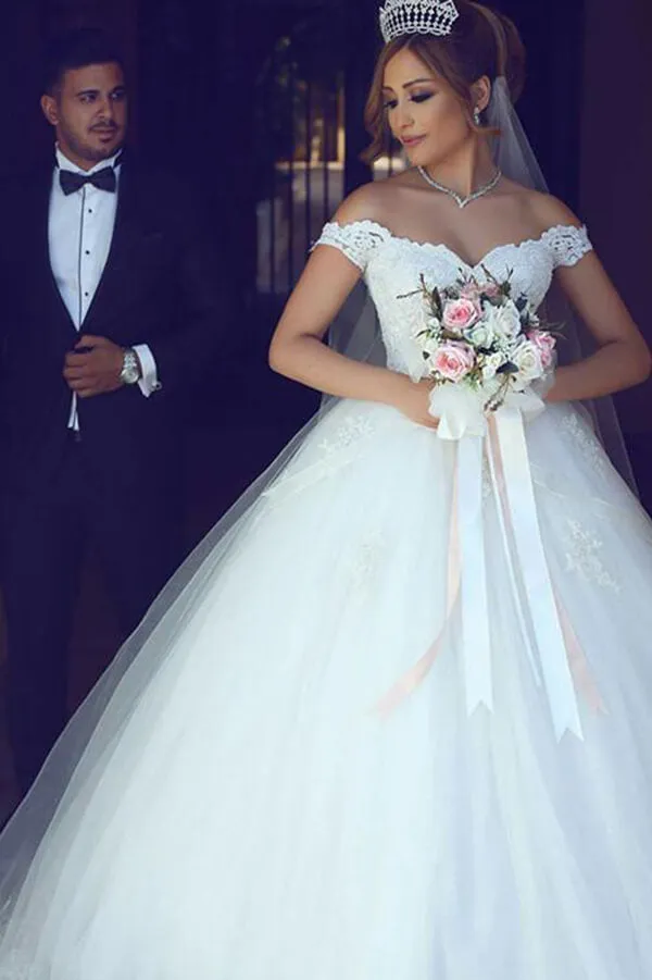Roycebridal Tulle Ball Gown Off Shoulder Appliqued Wedding Dresses With Sweep Train, MW566
