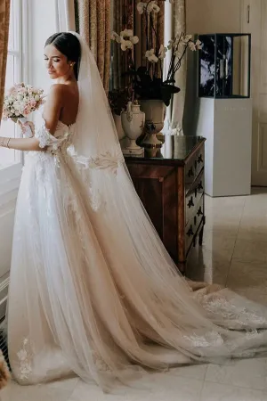 Roycebridal Tulle Off the shoulder A-line Sweep Train Wedding Dresses With Appliques,MW469