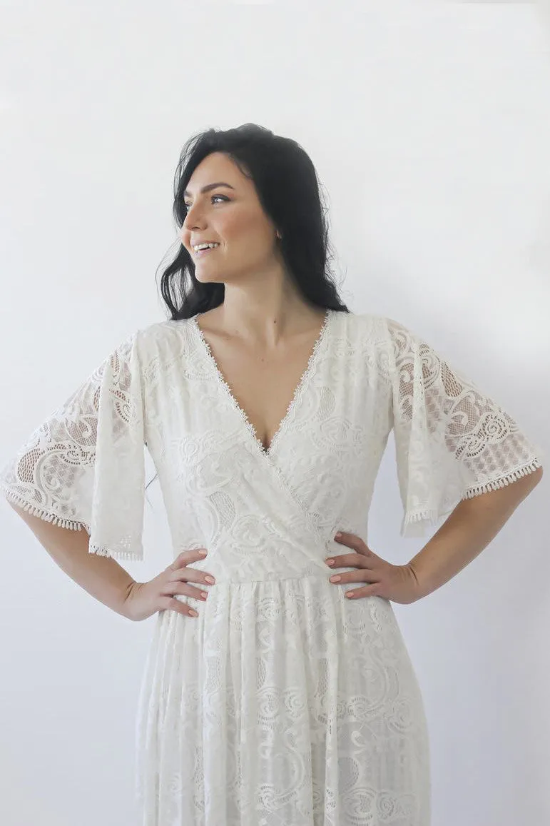 Ruching Details And Illusion Half Bell Sleeve Brush Train V-neck A-line Lace Wedding Dress-715902