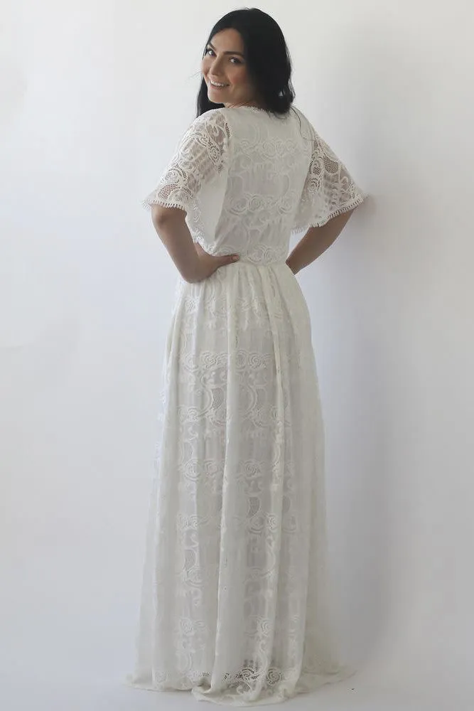 Ruching Details And Illusion Half Bell Sleeve Brush Train V-neck A-line Lace Wedding Dress-715902