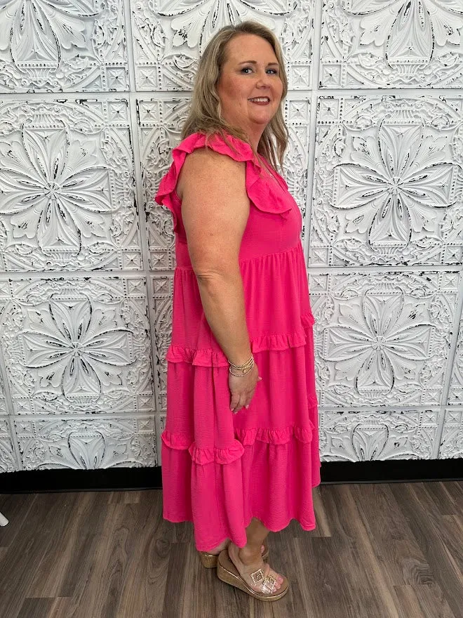 Ruffle Tiered Midi Dress with Flutter Sleeves