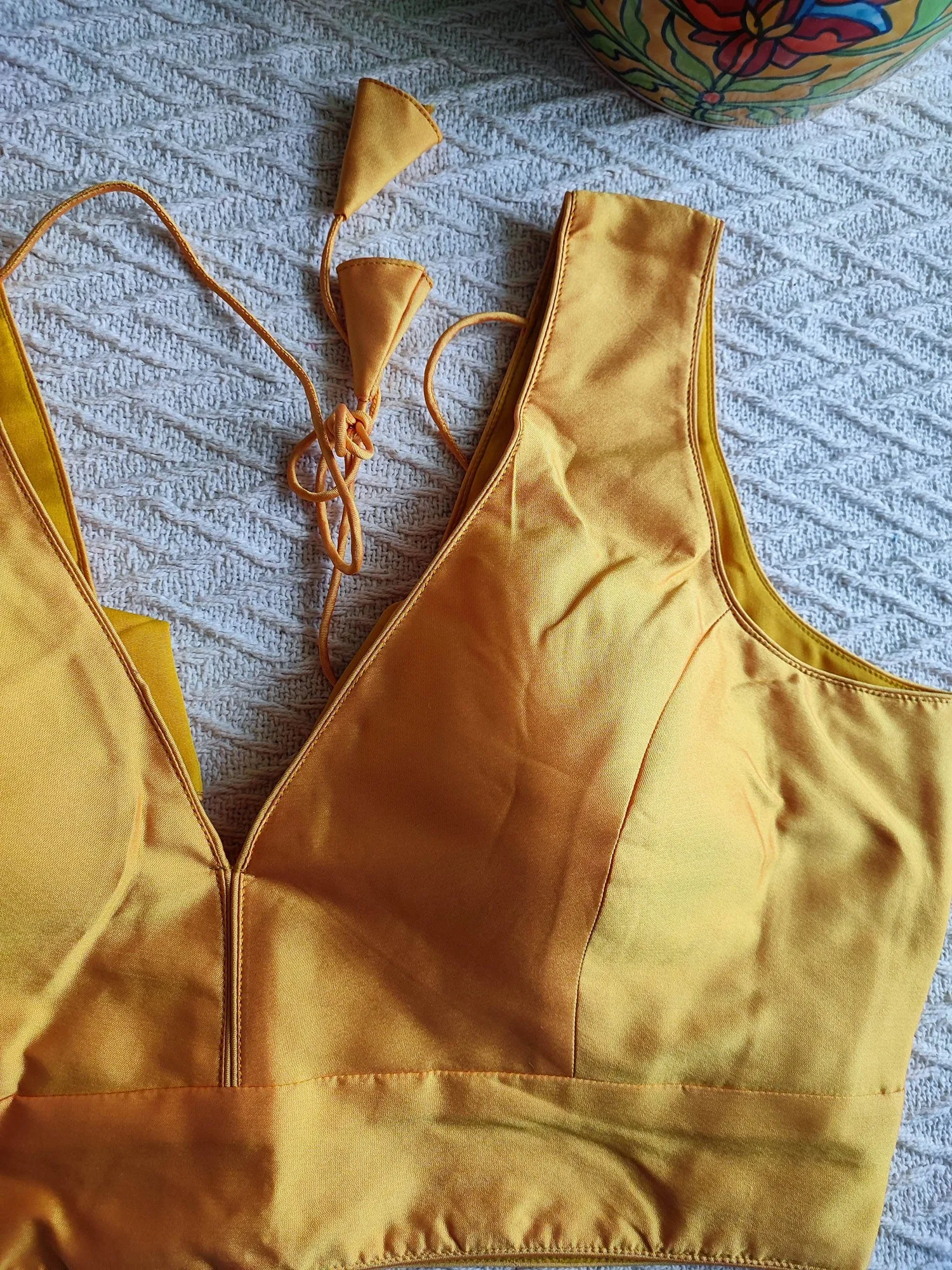 Saffron Yellow Cotton By Silk Padded Sleeveless Blouse with Broad U Neckline (With Attachable Sleeves)