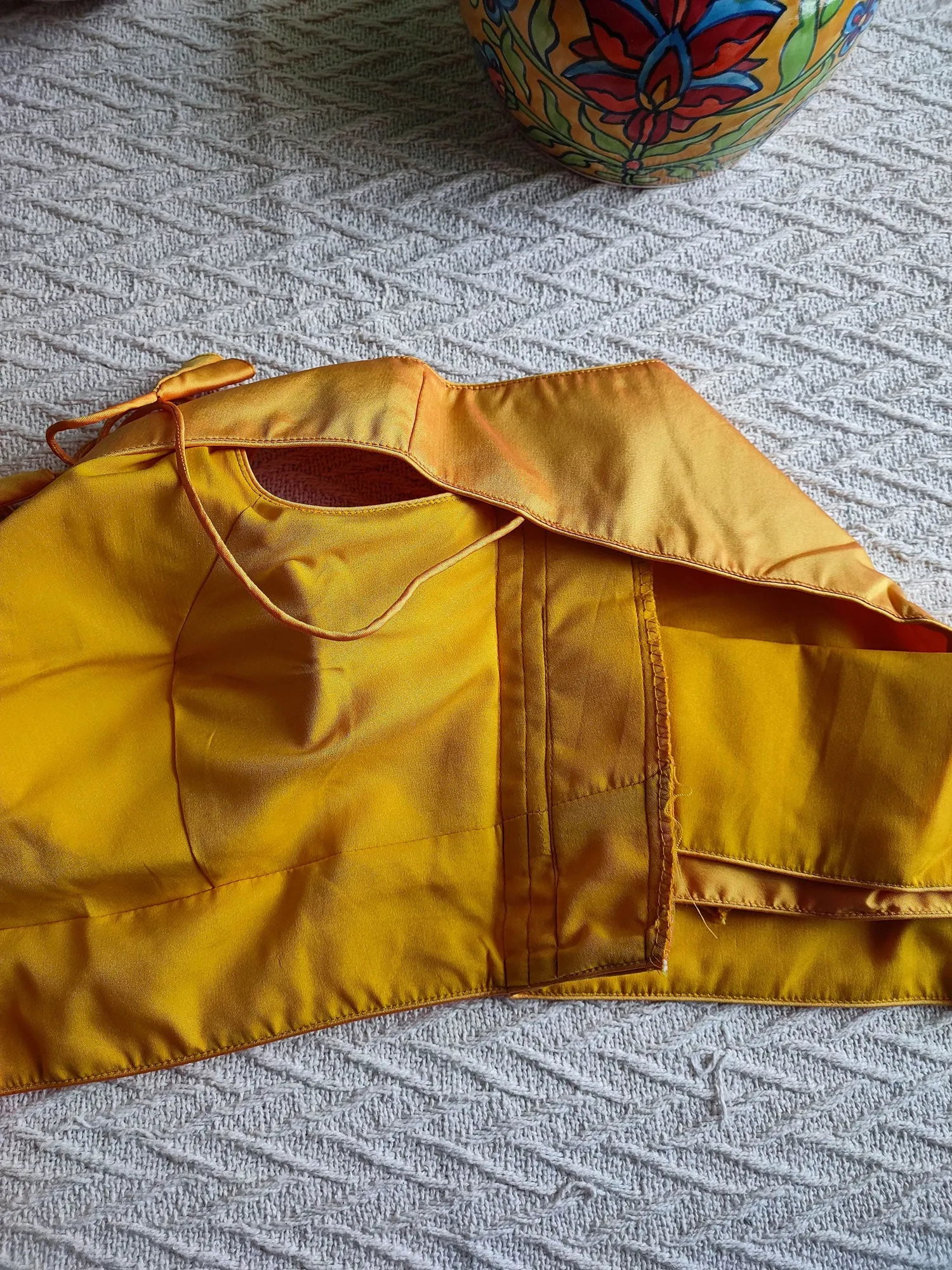 Saffron Yellow Cotton By Silk Padded Sleeveless Blouse with Broad U Neckline (With Attachable Sleeves)