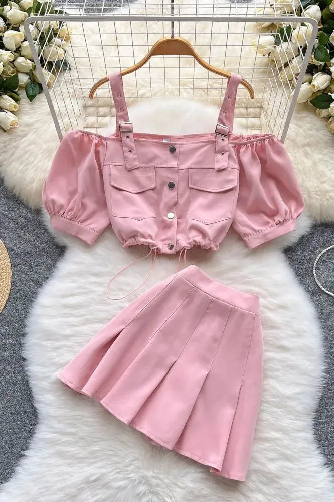 Set Off Shoulder Straps Short Tops   Pleated Mini Skirts Two Piece Suits