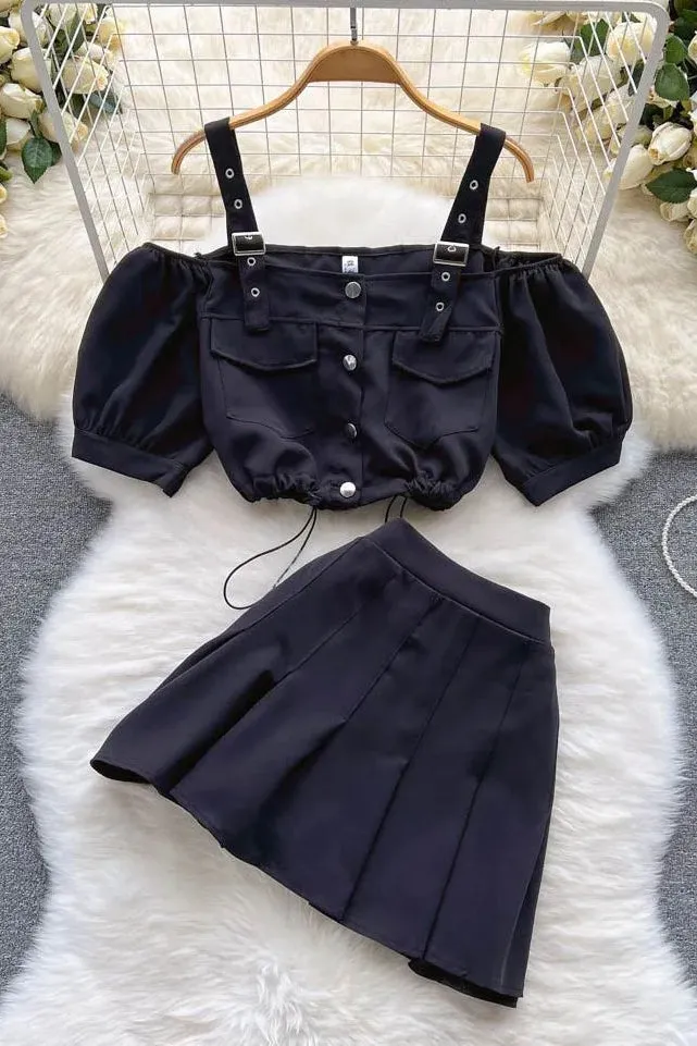 Set Off Shoulder Straps Short Tops   Pleated Mini Skirts Two Piece Suits