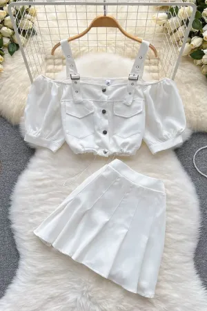 Set Off Shoulder Straps Short Tops   Pleated Mini Skirts Two Piece Suits